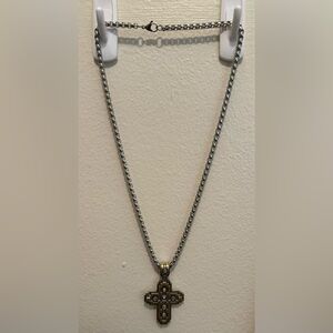 Silver Strike Men’s Silver And Gold Cross Necklace